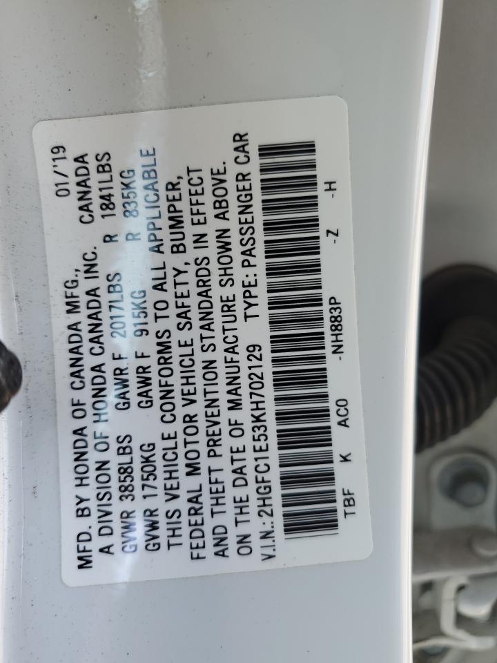 2019 Honda Civic VIN 2HGFC1E53KH702129 Copart auction photo, rear end / side damage thumbnail 14