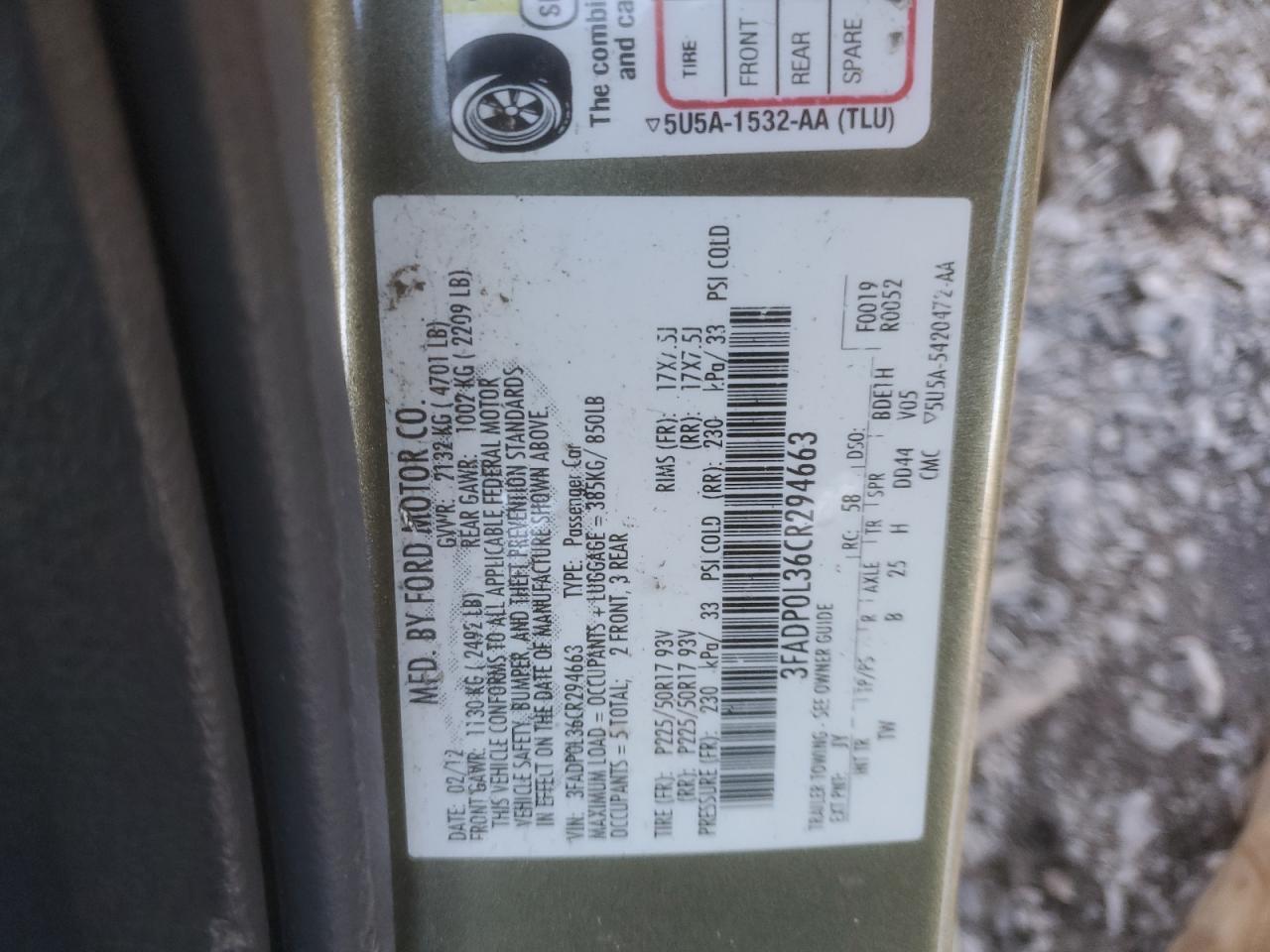 2012 Ford Fusion VIN 3FADP0L36CR294663 Copart auction photo, rear end damage thumbnail 12