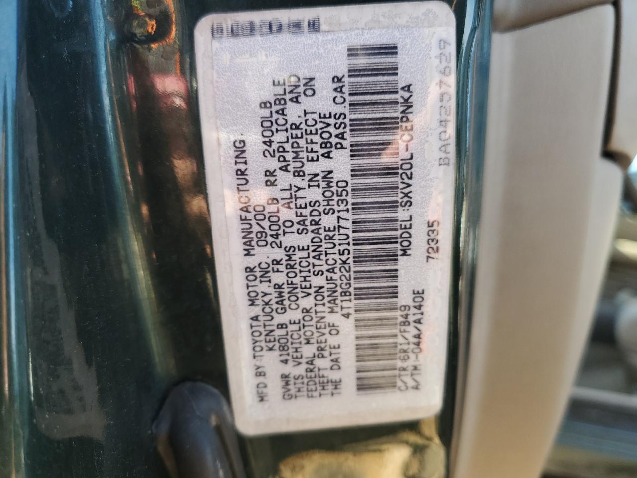 2001 Toyota Camry VIN 4T1BG22K51U771350 Copart auction photo, front end / side damage thumbnail 12