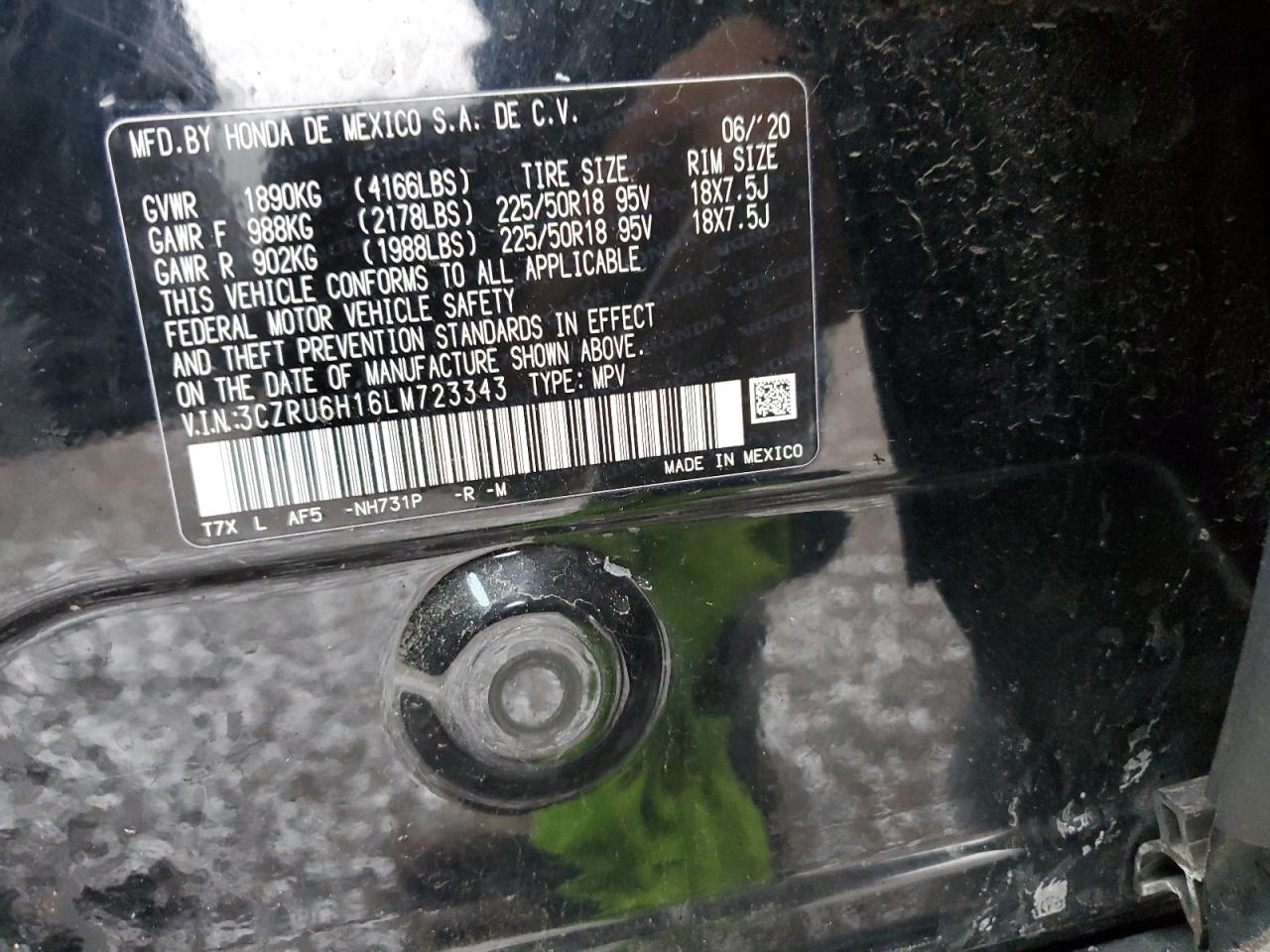 2020 Honda HR-V VIN 3CZRU6H16LM723343 Copart auction photo, front end damage thumbnail 15
