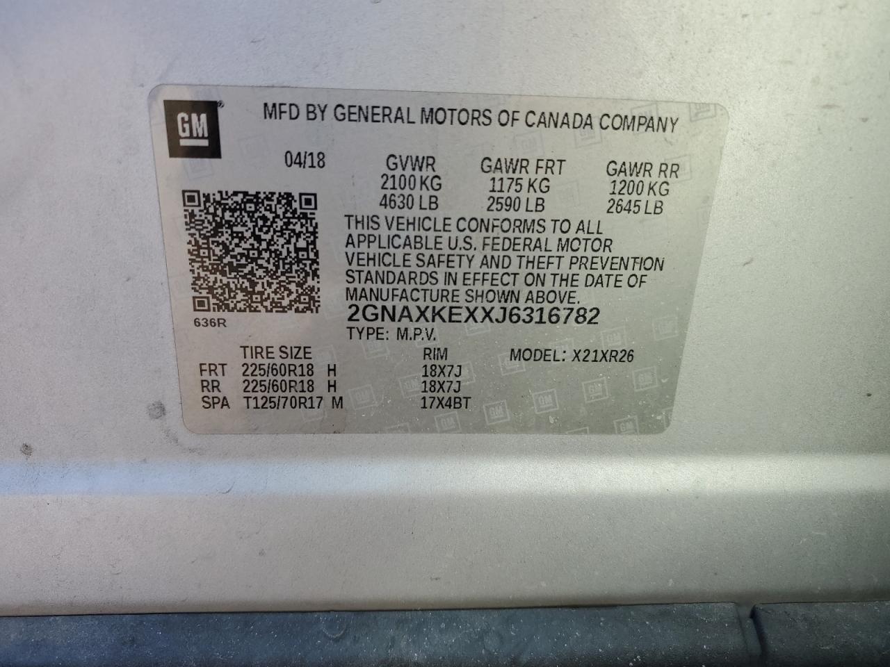 2018 Chevrolet Equinox VIN 2GNAXKEXXJ6316782 Copart auction photo, rear end damage thumbnail 15