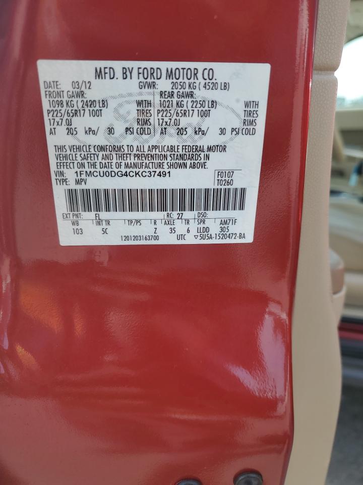 2012 Ford Escape VIN 1FMCU0DG4CKC37491 Copart auction photo, rear end / side damage thumbnail 14
