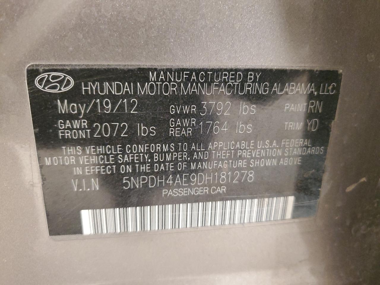 2013 Hyundai Elantra VIN 5NPDH4AE9DH181278 Copart auction photo, front end / minor dent/scratches damage thumbnail 12