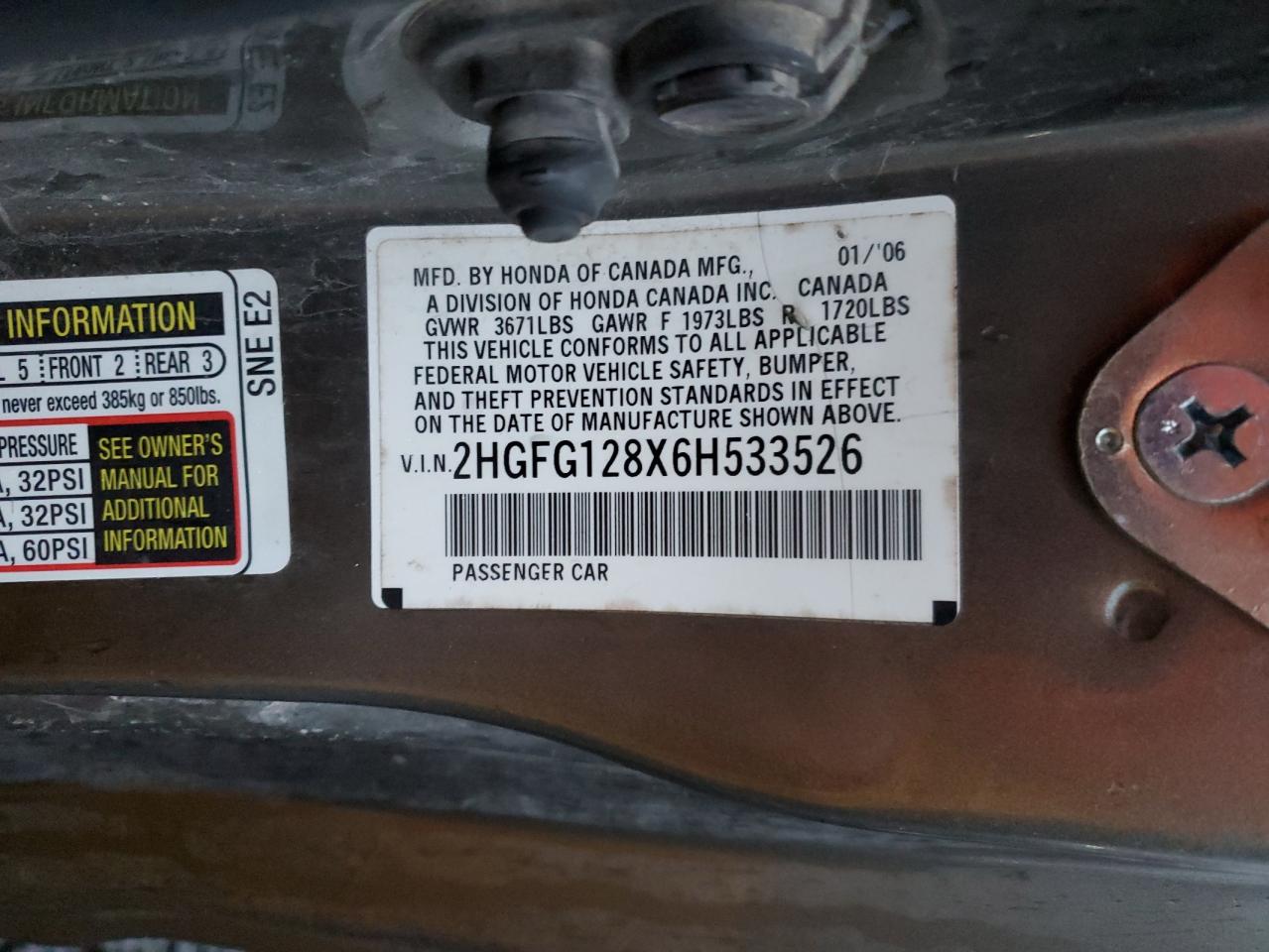 2006 Honda Civic VIN 2HGFG128X6H533526 Copart auction photo, rear end damage thumbnail 12
