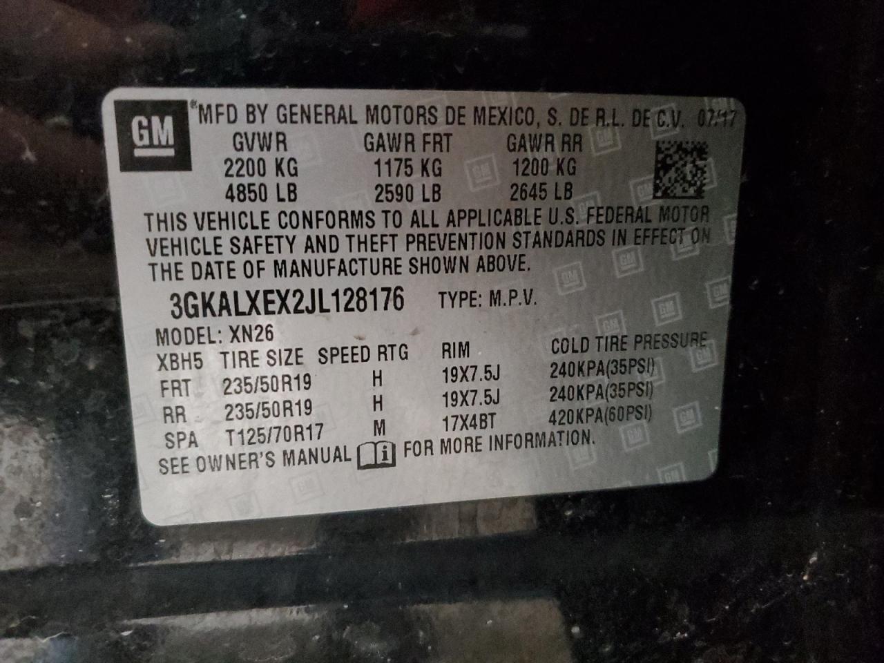 2018 GMC Terrain VIN 3GKALXEX2JL128176 Copart auction photo, front end / side damage thumbnail 13