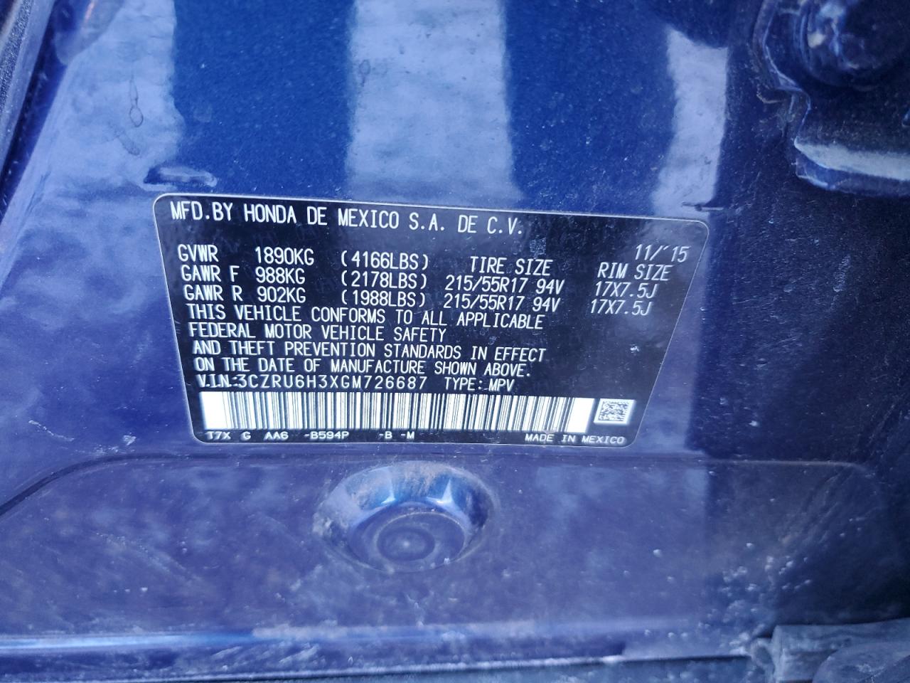2016 Honda HR-V VIN 3CZRU6H3XGM726687 Copart auction photo, front end damage thumbnail 13