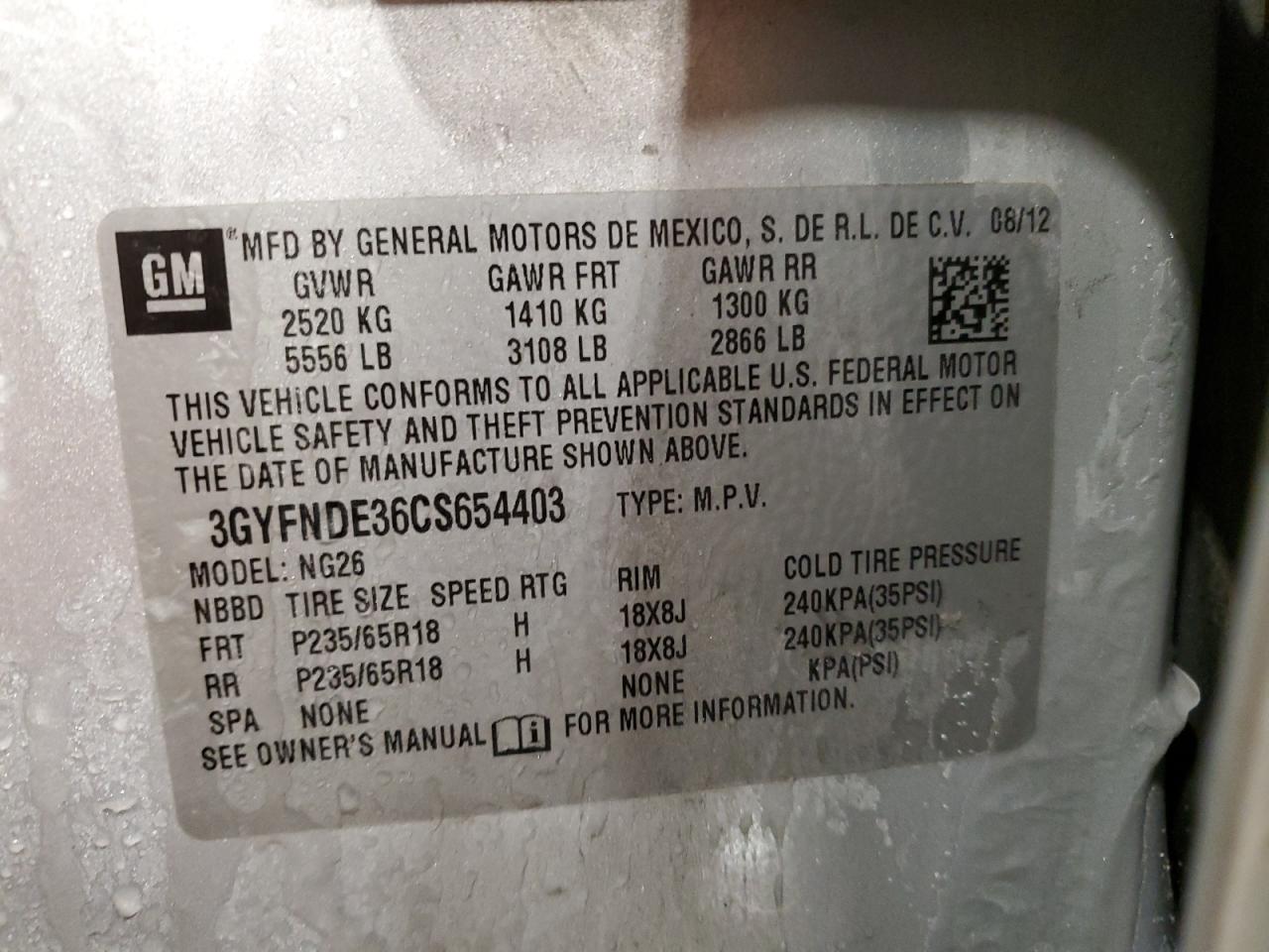 2012 Cadillac SRX VIN 3GYFNDE36CS654403 Copart auction photo, rear end damage thumbnail 13
