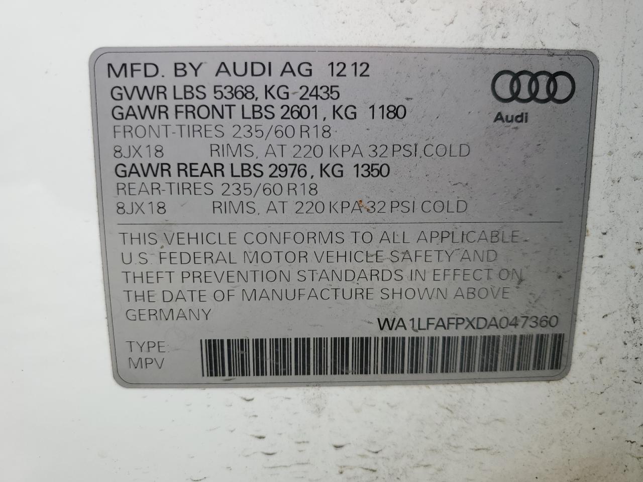 2013 Audi Q5 VIN WA1LFAFPXDA047360 Copart auction photo, front end / minor dent/scratches damage thumbnail 13