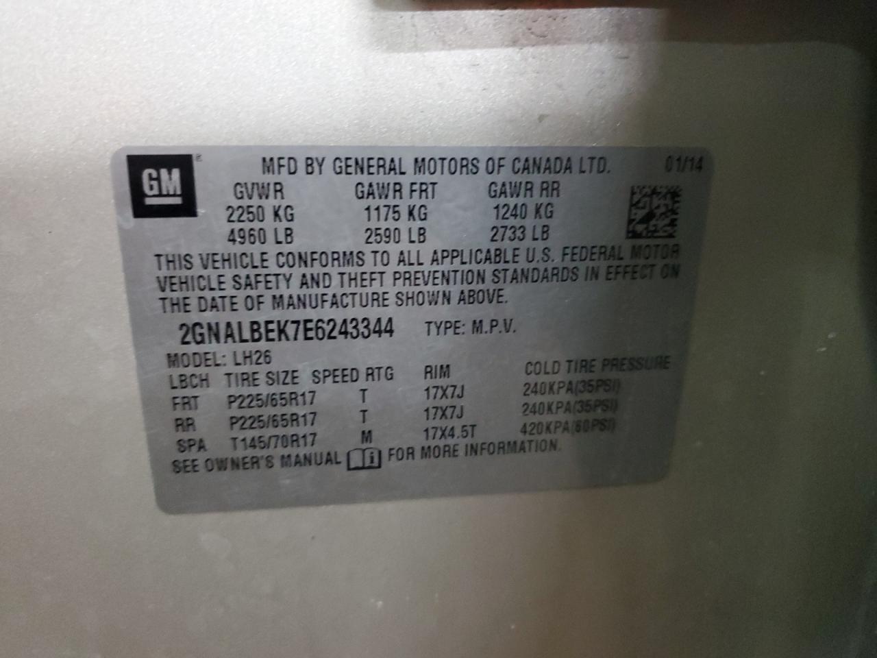 2014 Chevrolet Equinox VIN 2GNALBEK7E6243344 Copart auction photo, front end damage thumbnail 13