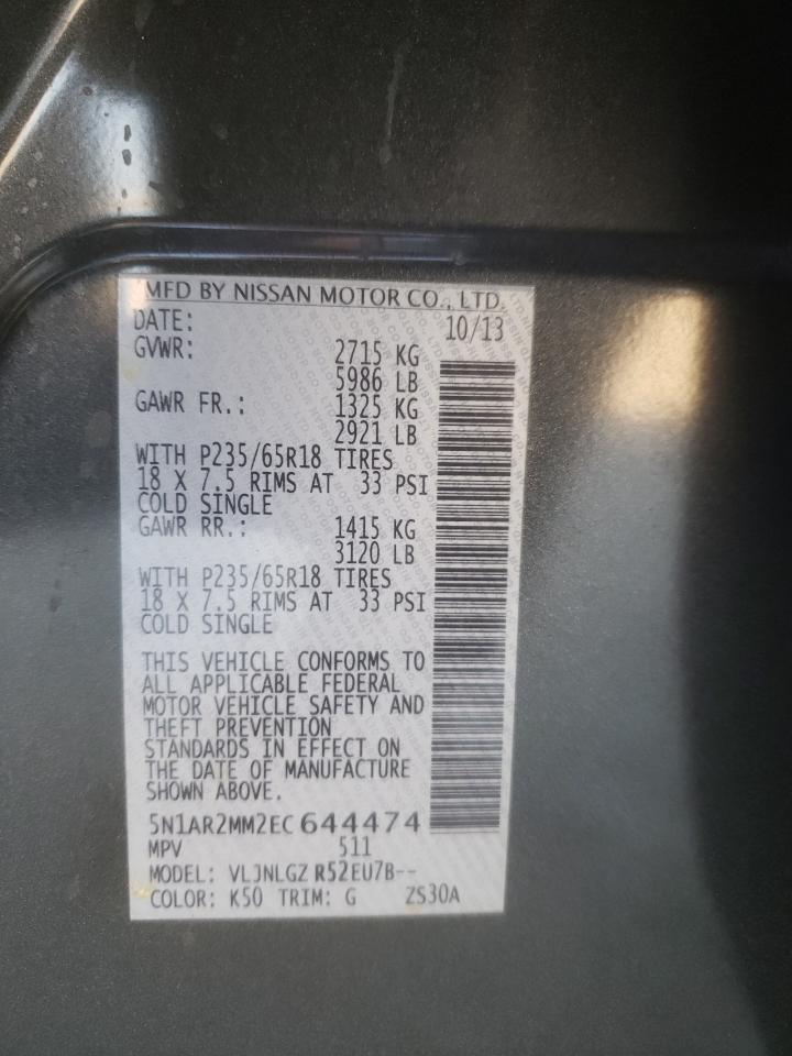 2014 Nissan Pathfinder VIN 5N1AR2MM2EC644474 Copart auction photo, front end / side damage thumbnail 13