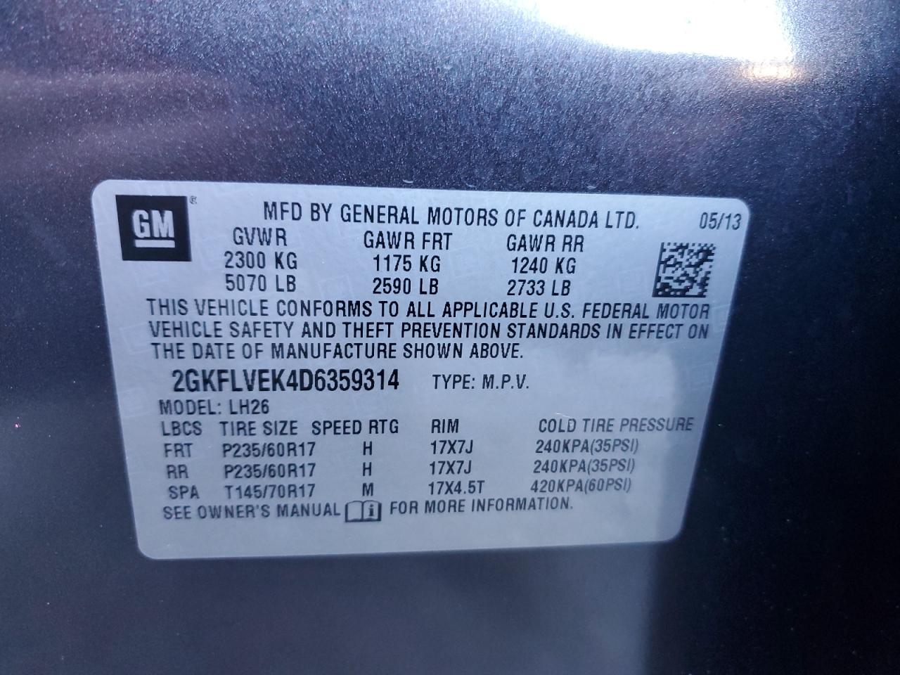 2013 GMC Terrain VIN 2GKFLVEK4D6359314 Copart auction photo, front end damage thumbnail 15