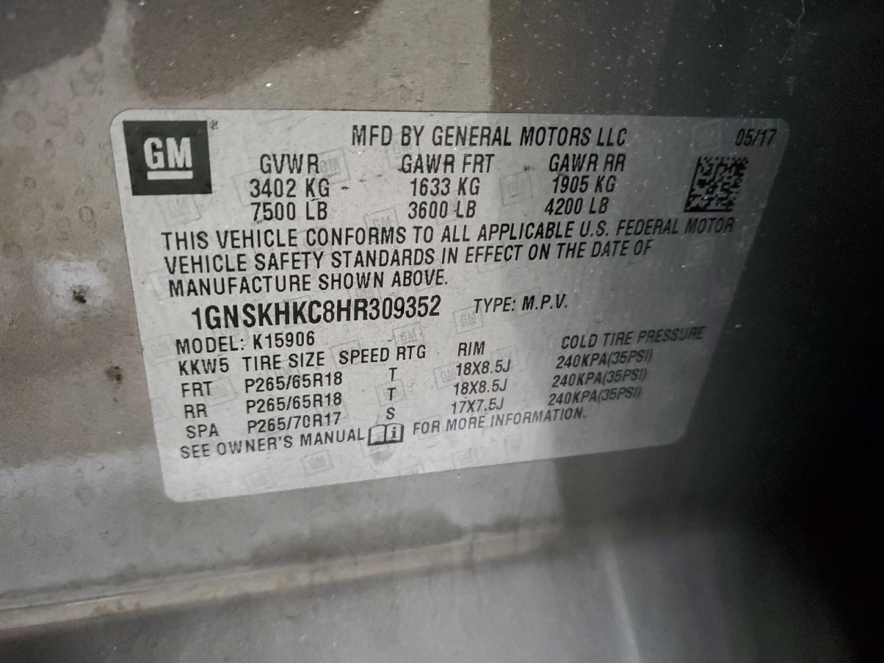 2017 Chevrolet Suburban VIN 1GNSKHKC8HR309352 Copart auction photo, front end damage thumbnail 14