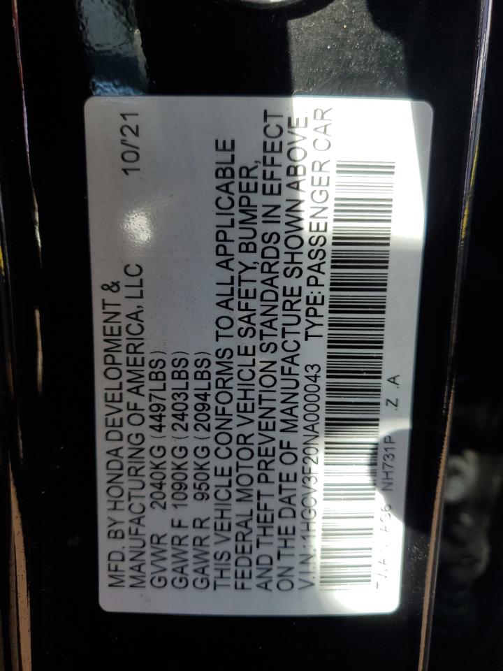 2022 Honda Accord VIN 1HGCV3F20NA000043 Copart auction photo, front end damage thumbnail 12