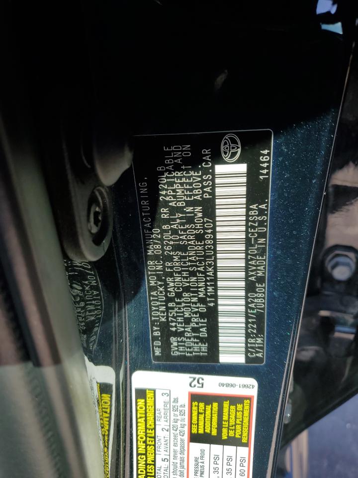 2020 Toyota Camry VIN 4T1M11AK3LU389407 Copart auction photo, side / minor dent/scratches damage thumbnail 12