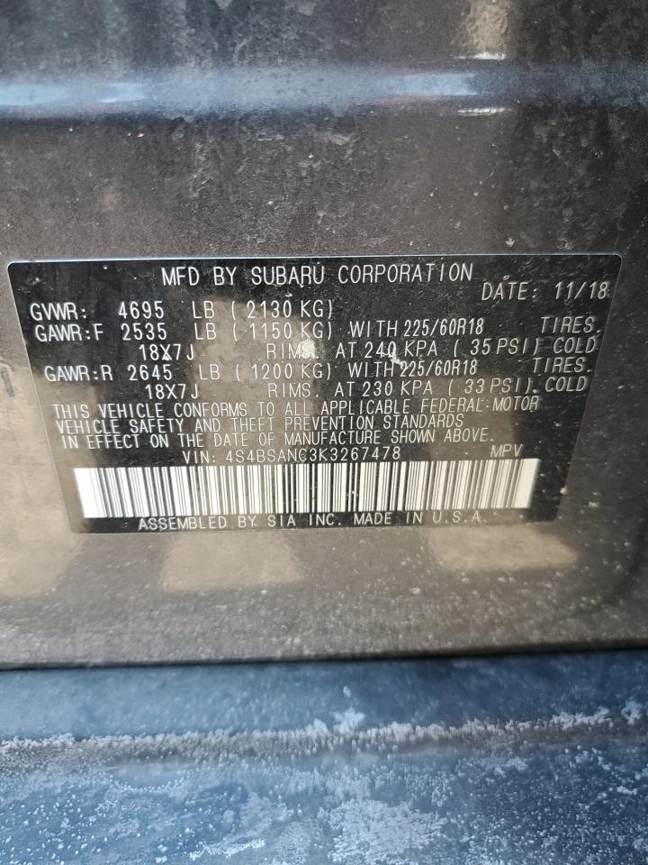 2019 Subaru Outback VIN 4S4BSANC3K3267478 Copart auction photo, front end damage thumbnail 14