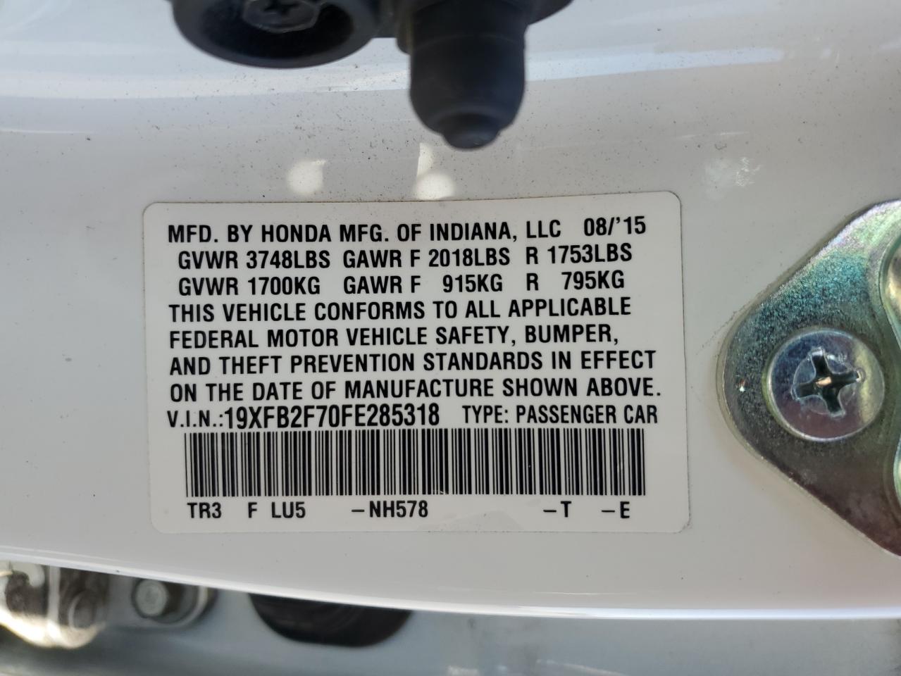 2015 Honda Civic VIN 19XFB2F70FE285318 Copart auction photo, front end / side damage thumbnail 14