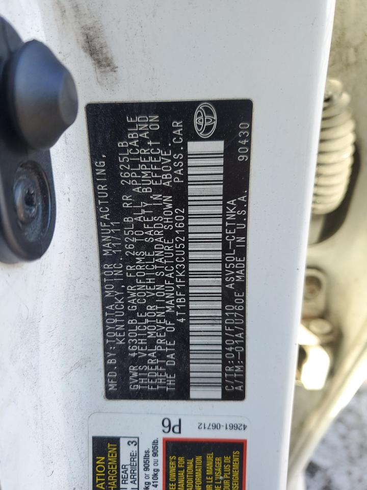 2012 Toyota Camry VIN 4T1BF1FK3CU521602 Copart auction photo, front end / rear end damage thumbnail 12