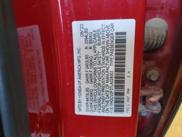 HONDA ACCORD RED - 1HGCV2F37LA028003