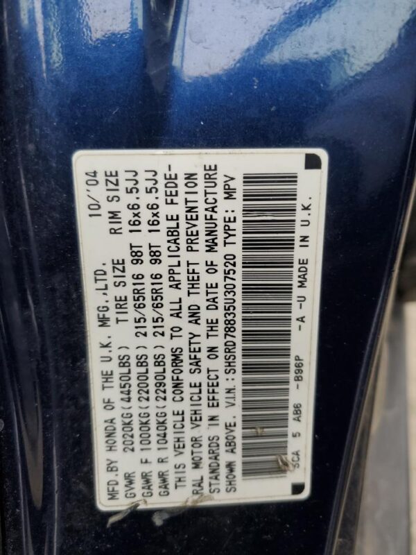 HONDA CRV BLUE - SHSRD78835U307520