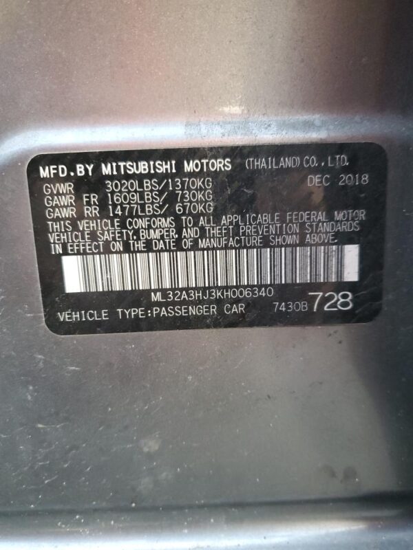 MITSUBISHI MIRAGE GRAY - ML32A3HJ3KH006340