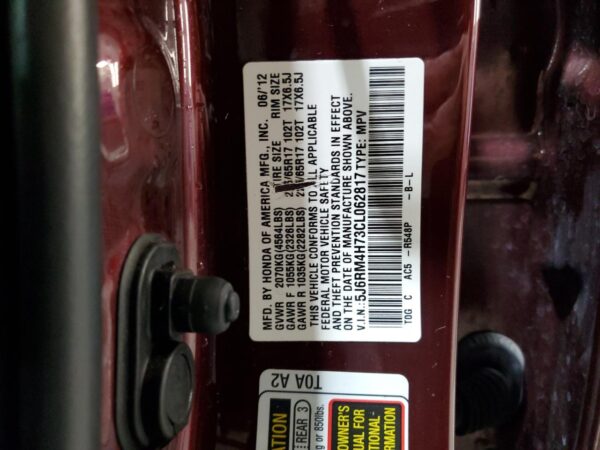 HONDA CRV BURGUNDY - 5J6RM4H73CL062817