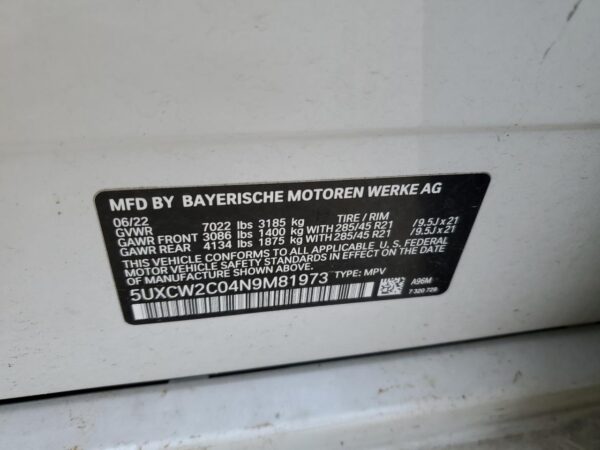BMW X7 WHITE - 5UXCW2C04N9M81973