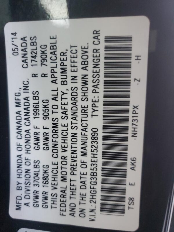 HONDA CIVIC BLACK - 2HGFG3B53EH523890