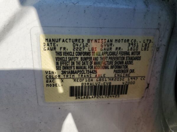 NISSAN SENTRA WHITE - 3N1AB6AP2CL724425
