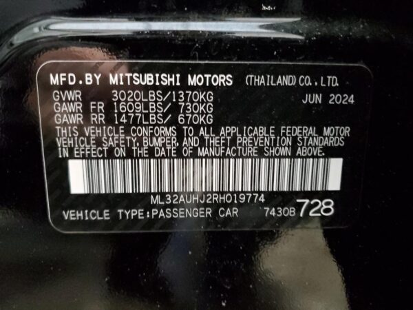 MITSUBISHI MIRAGE BLACK - ML32AUHJ2RH019774