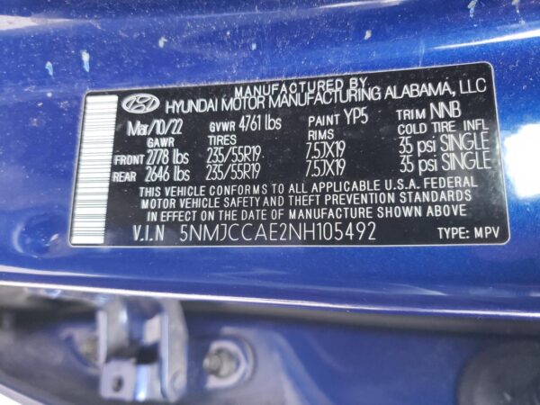 HYUNDAI TUCSON BLUE - 5NMJCCAE2NH105492