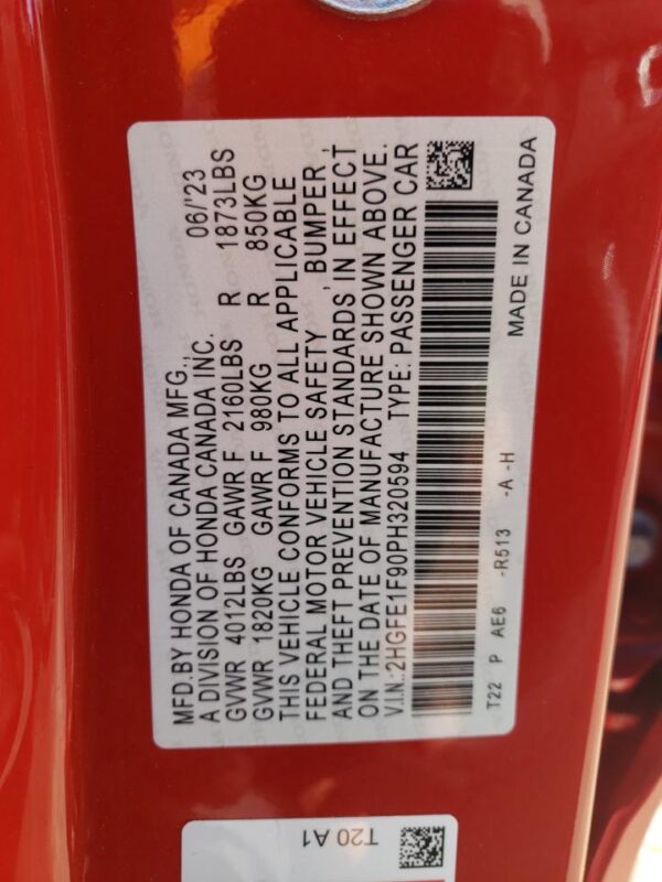 HONDA CIVIC RED - 2HGFE1F90PH320594