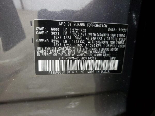 SUBARU ASCENT CHARCOAL - 4S4WMACD6R3410313