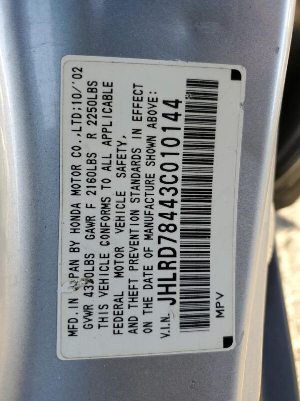 HONDA CRV SILVER - JHLRD78443C010144
