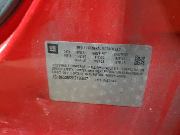 CHEVROLET CRUZE RED - 1G1BE5SM2H7156687