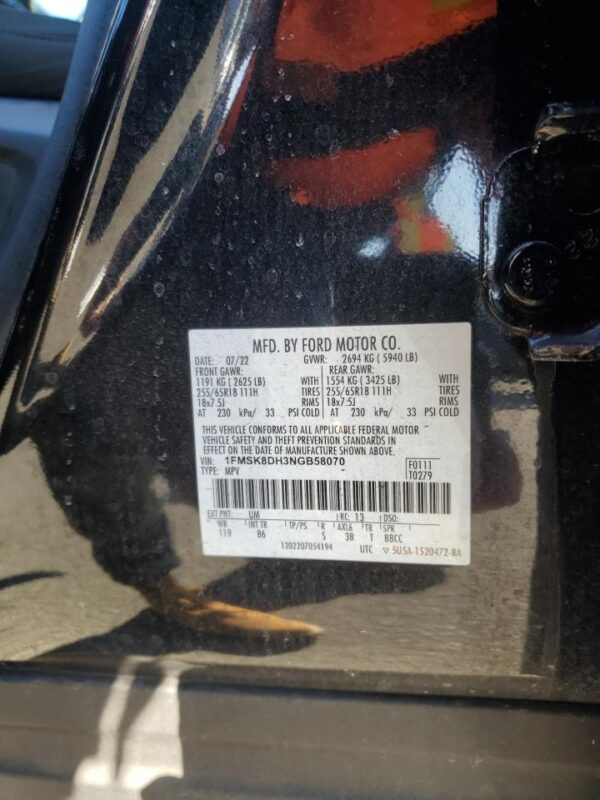FORD EXPLORER BLACK - 1FMSK8DH3NGB58070