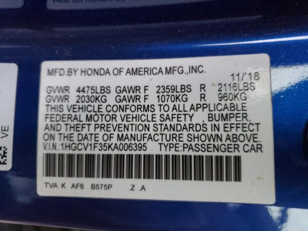 HONDA ACCORD BLUE - 1HGCV1F35KA006395