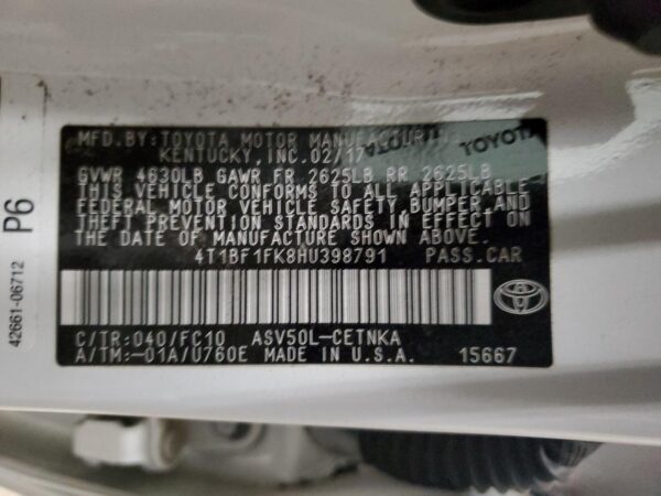 TOYOTA CAMRY WHITE - 4T1BF1FK8HU398791