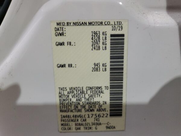 NISSAN ALTIMA WHITE - 1N4BL4BV6LC175622