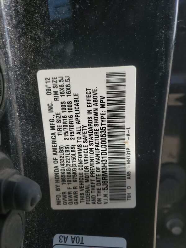 HONDA CRV BLACK - 5J6RM3H31DL000535