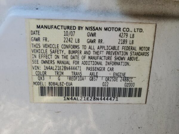 NISSAN ALTIMA WHITE - 1N4AL21E28N444471