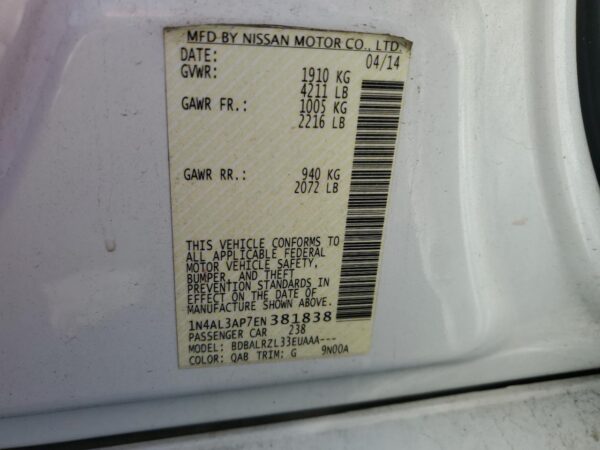 NISSAN ALTIMA WHITE - 1N4AL3AP7EN381838