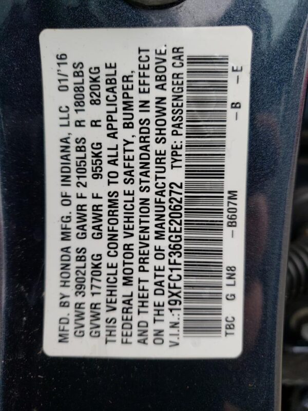 HONDA CIVIC BLUE - 19XFC1F36GE206272