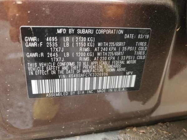 Subaru OUTBACK 2019 - 4S4BSAFC7K3326806