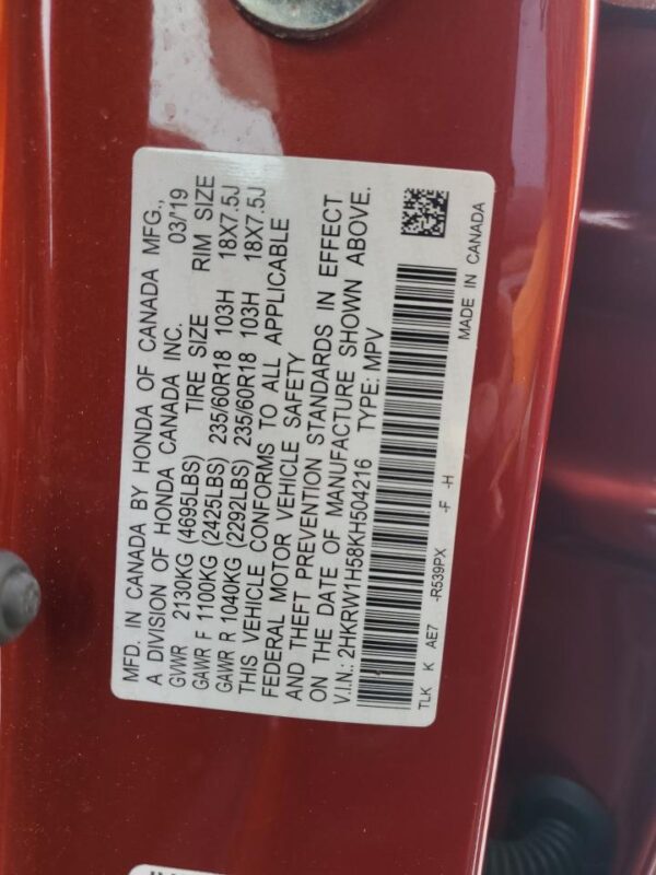 HONDA CRV RED - 2HKRW1H58KH504216