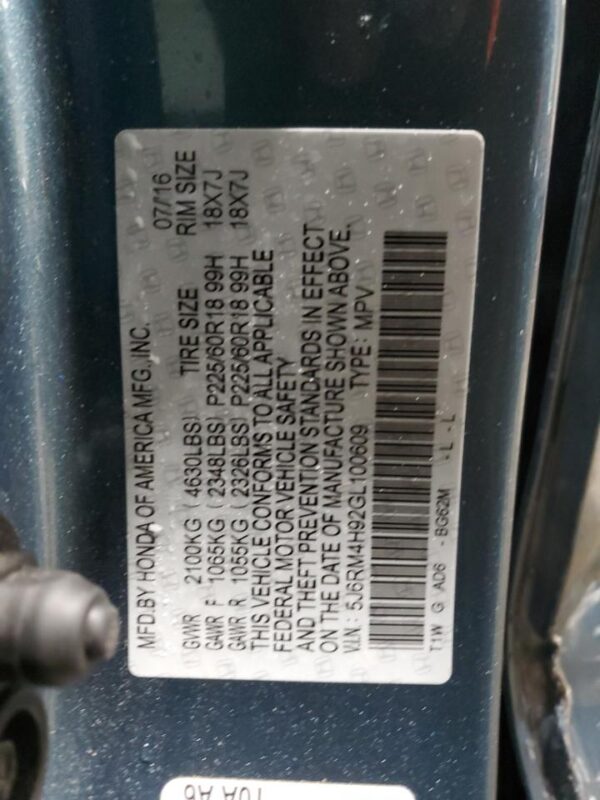 HONDA CRV BLUE - 5J6RM4H92GL100609