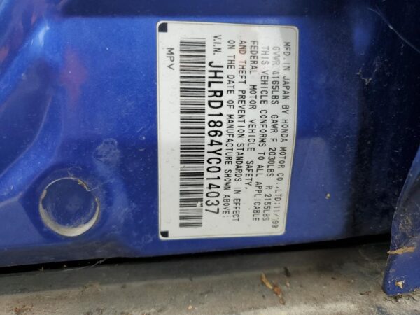 HONDA CRV BLUE - JHLRD1864YC014037