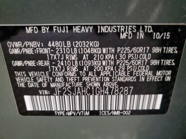 Subaru FORESTER 2016 - JF2SJAHC1GH478287