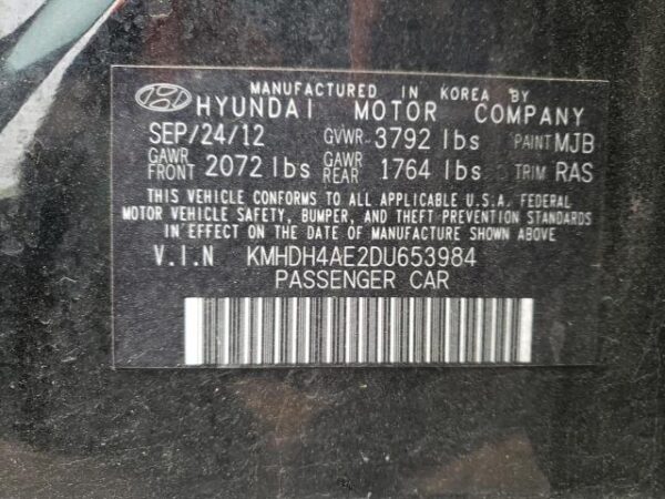HYUNDAI ELANTRA BLACK - KMHDH4AE2DU653984