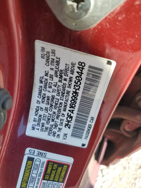 HONDA CIVIC BURGUNDY - 2HGFA16999H350448