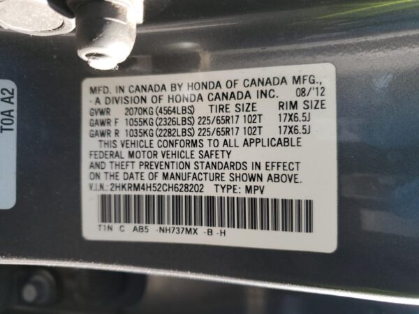 HONDA CRV GRAY - 2HKRM4H52CH628202